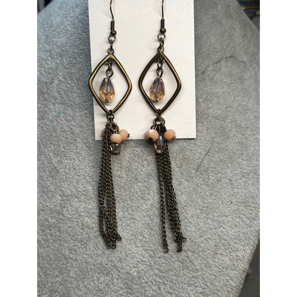 #24. Effulgent Era Multi Brass & Peach Bead Dangle Chain Tassel Earrings